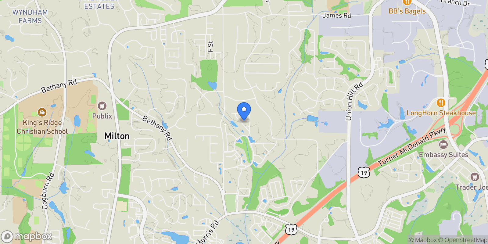 Map showing 1055 Poppy Pointe, Alpharetta, GA 30004, Milton, Georgia, United States.