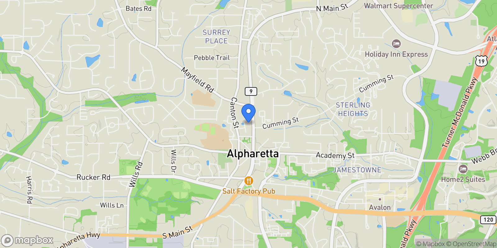 Map showing 120 N Main Street #2A, Alpharetta, GA 30009, Alpharetta, Georgia, United States.