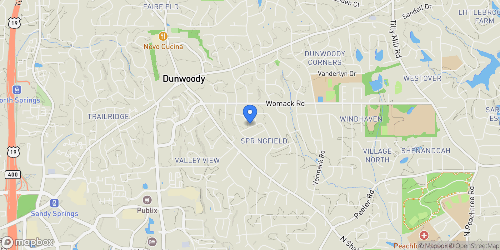 Map showing 4955 Springfield Drive, Atlanta, GA 30338, Dunwoody, Georgia, United States.