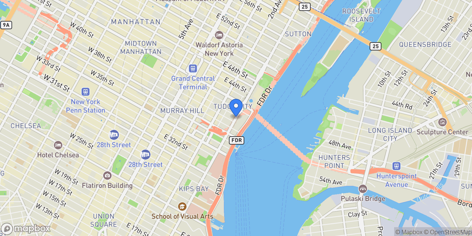 Map showing FIRST AVENUE, New York, New York, United States.