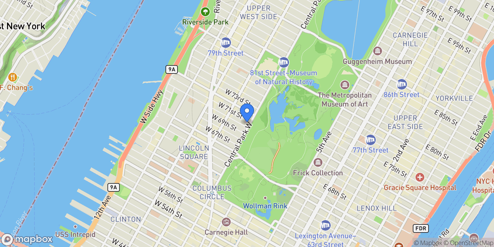 Map showing CENTRAL PARK WEST, New York, New York, United States.