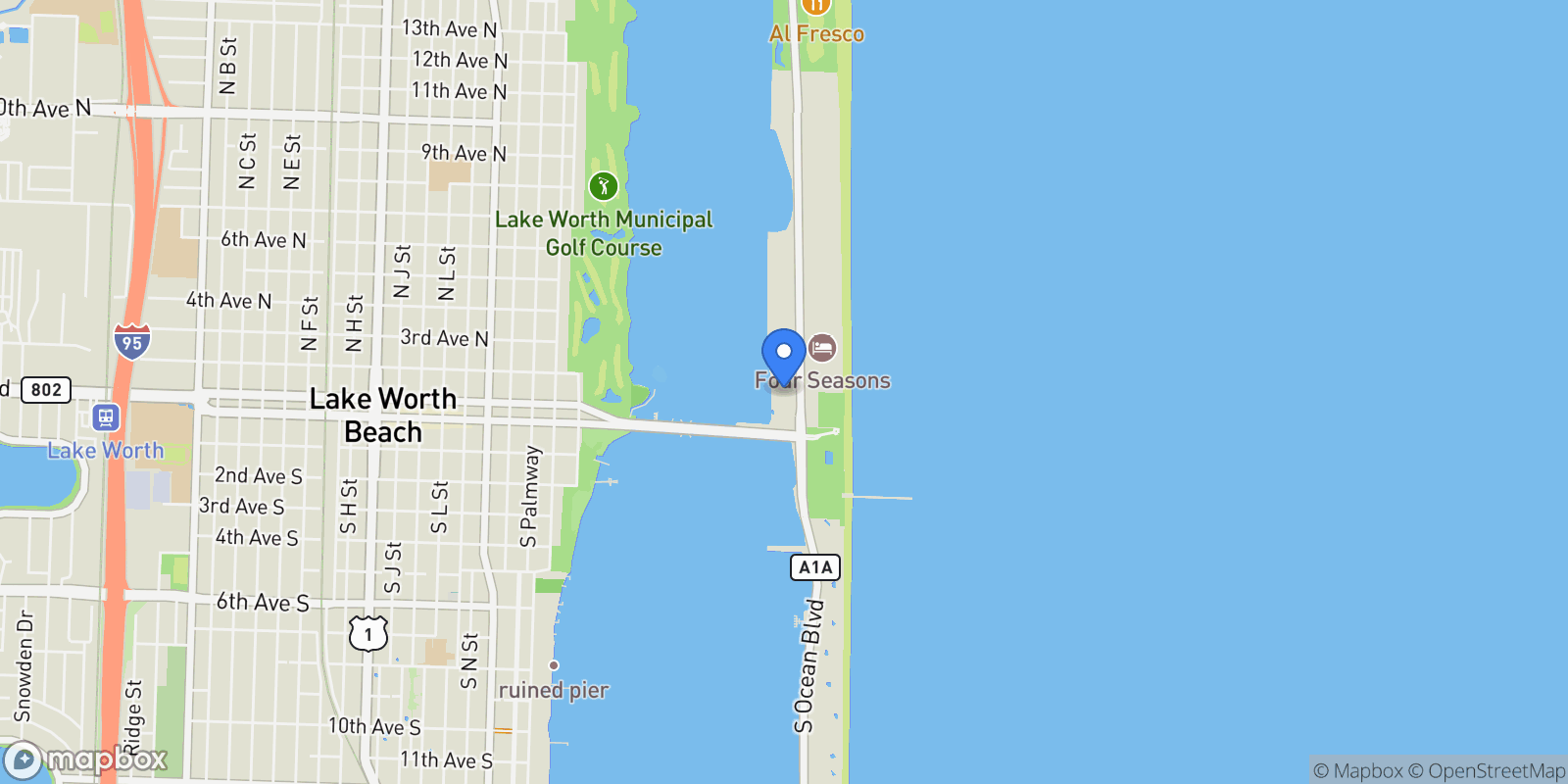 Map showing 2860 S Ocean, Palm Beach, Florida, United States.