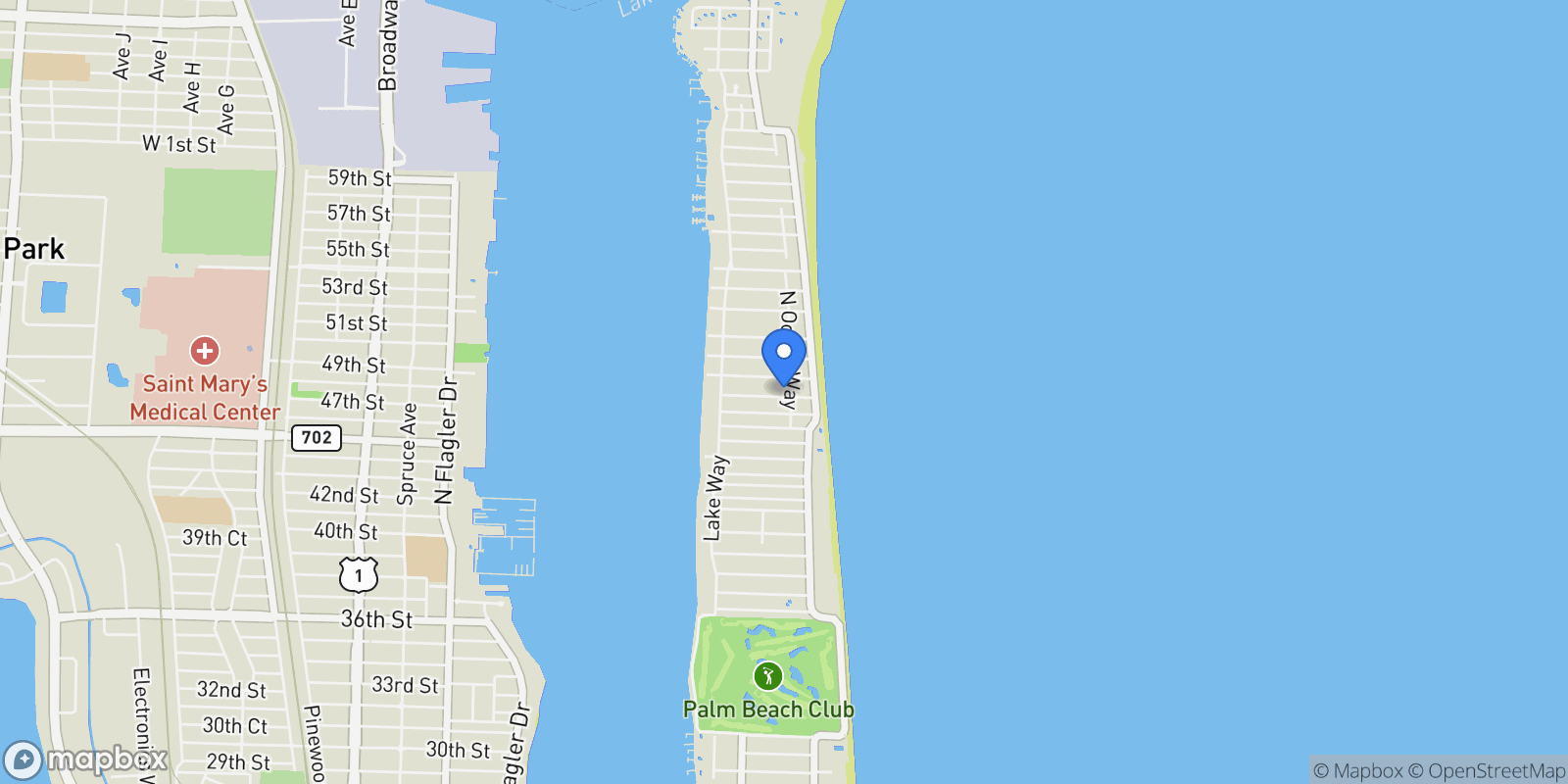 Map showing 1150 N Ocean, Palm Beach, Florida, United States.
