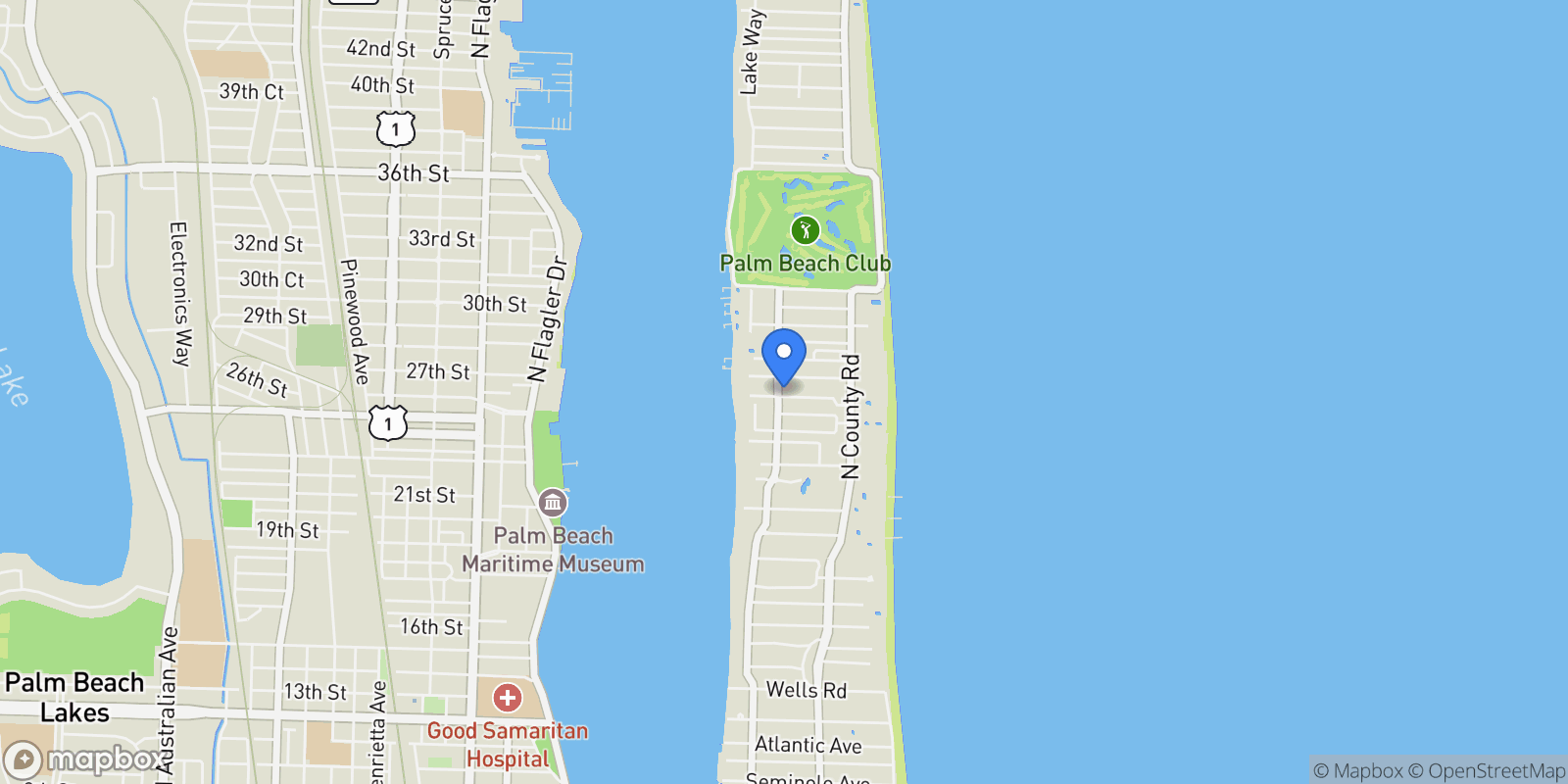 Map showing 257 Via Linda, Palm Beach, Florida, United States.