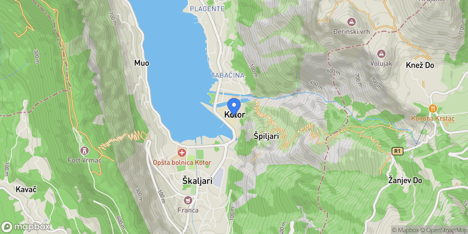 Map showing Kotor Bay, Kotor Bay, Kotor Bay, Kotor, Kotor Municipality, Montenegro.