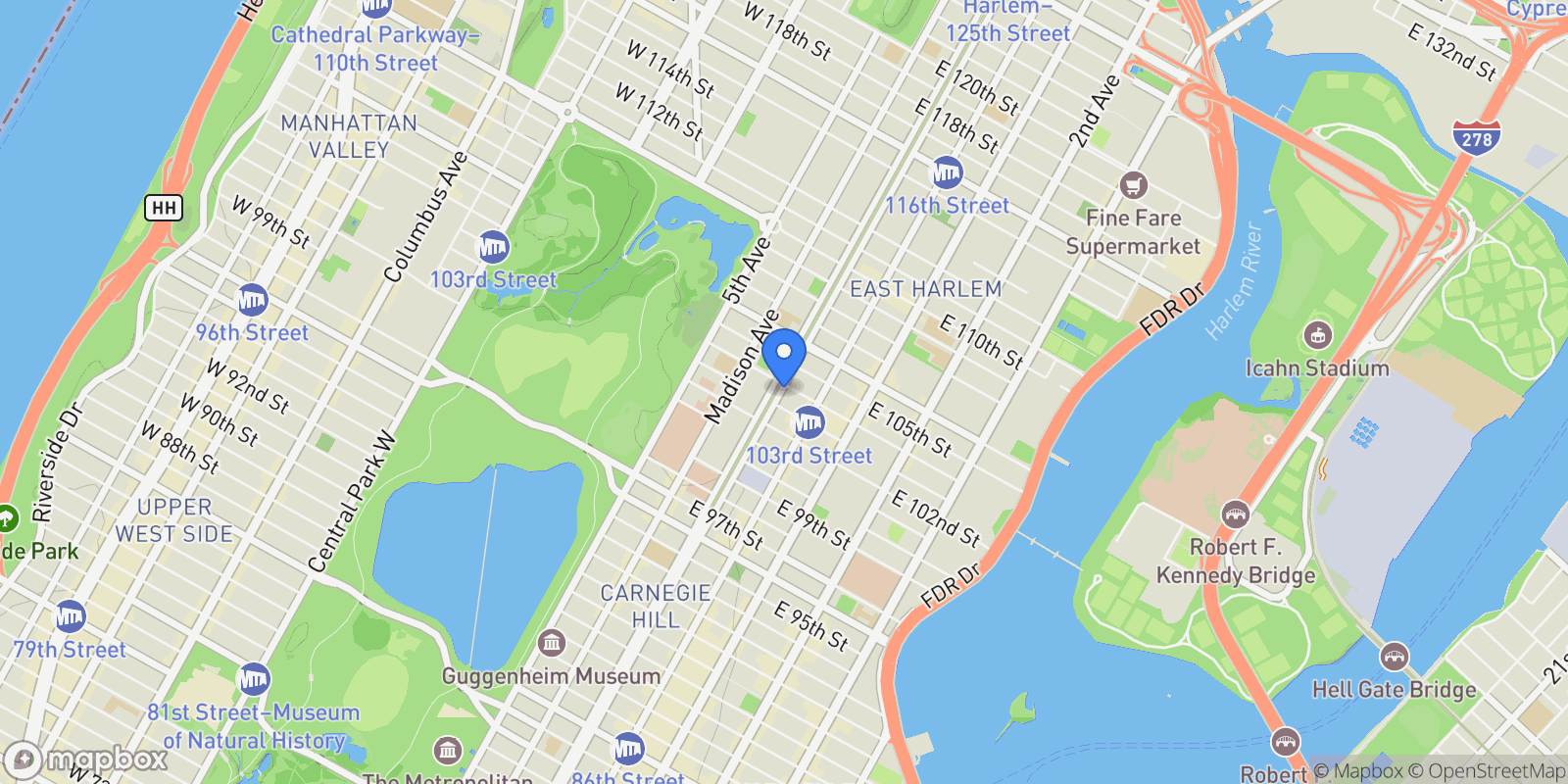 Map showing 1399 PARK AVE, New York, New York, United States.