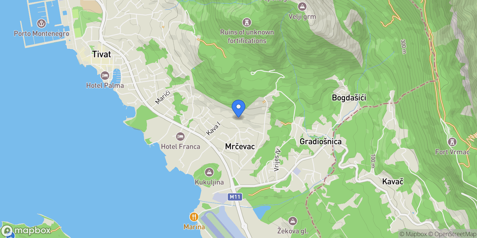 Map showing Lustica, Tivat, Lustica, Tivat Municipality, Montenegro.