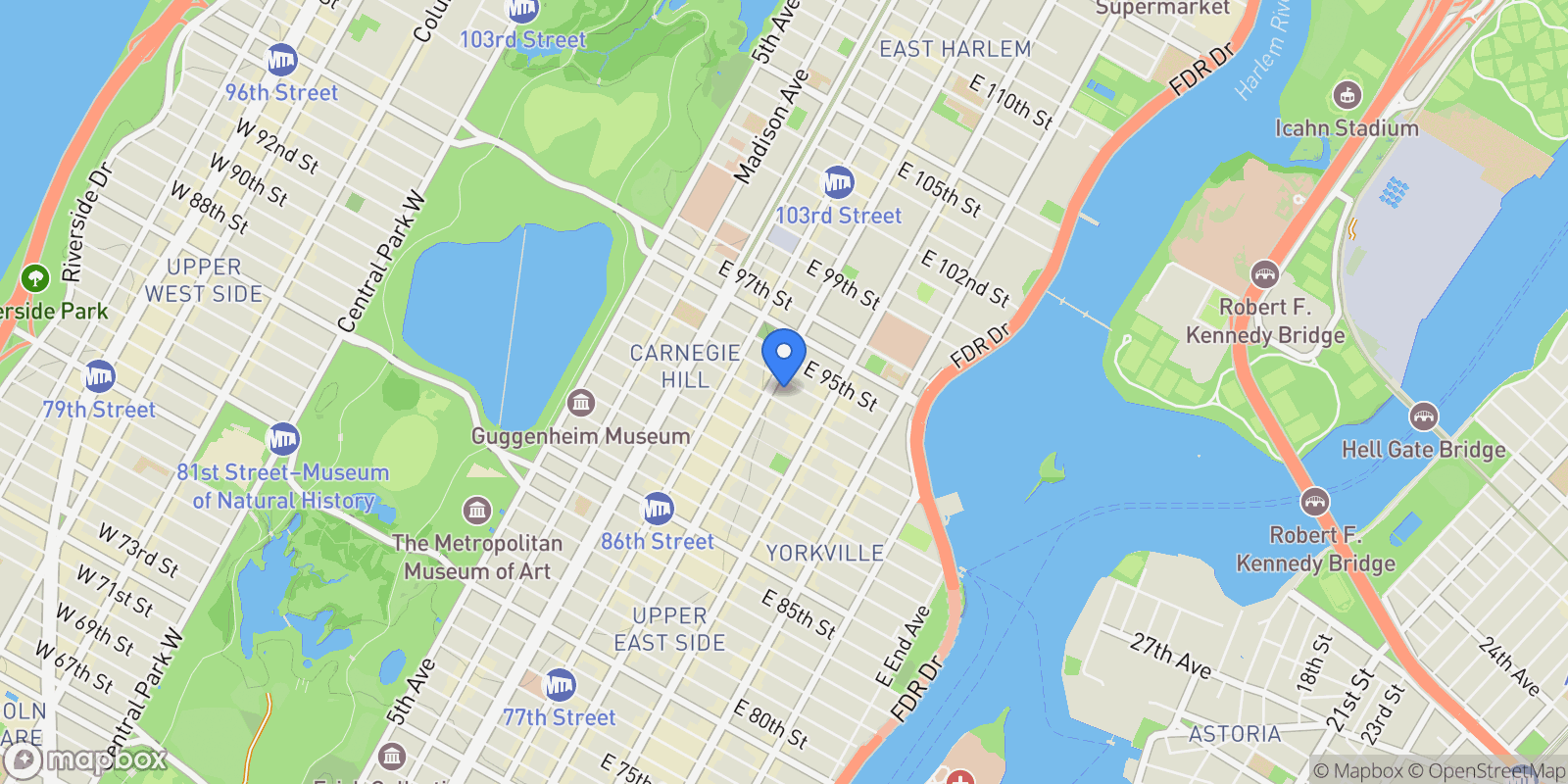 Map showing Carnegie Park, 200 E 94TH ST, New York, New York, United States.