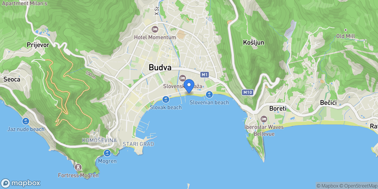 Map showing Budva Riviera, Budva Riviera, Budva Riviera, Budva, Budva Municipality, Montenegro.
