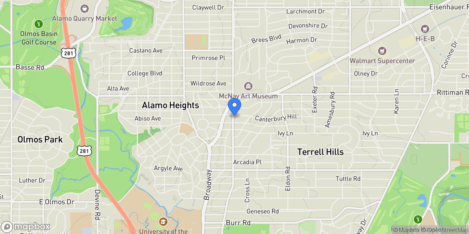 Map showing 100 Canterbury Hill Street , San Antonio, TX 78209, San Antonio, Texas, United States.