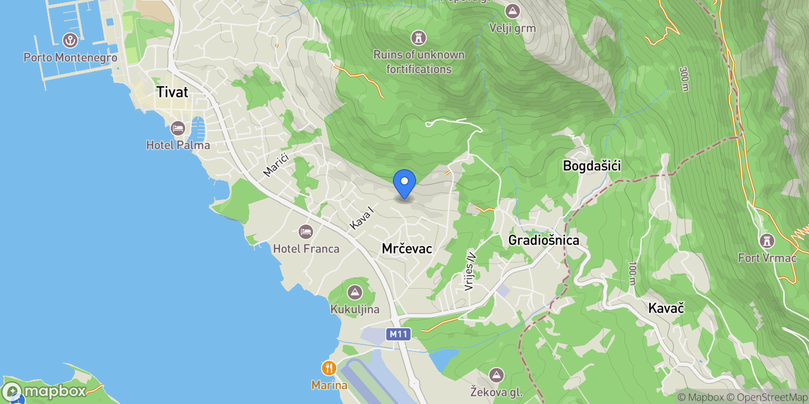 Map showing Lustica, Tivat, Lustica, Tivat Municipality, Montenegro.