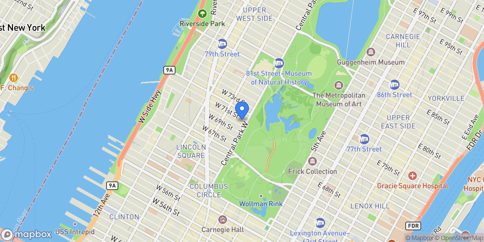 Map showing 6 W 71ST ST, New York, New York, United States.