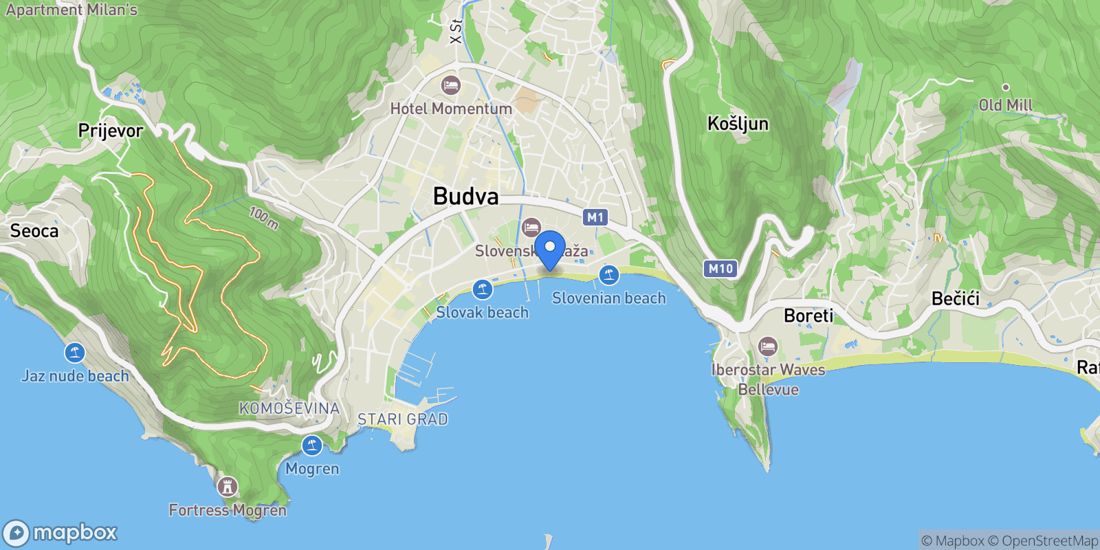 Map showing Budva Riviera, Budva Riviera, Budva Riviera, Budva, Budva Municipality, Montenegro.