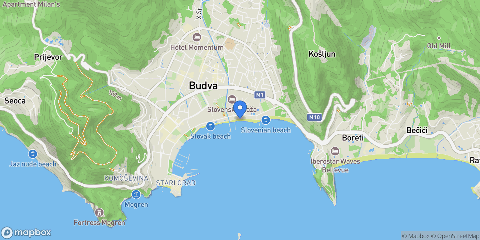 Map showing Budva Riviera, Budva Riviera, Budva Riviera, Budva, Budva Municipality, Montenegro.