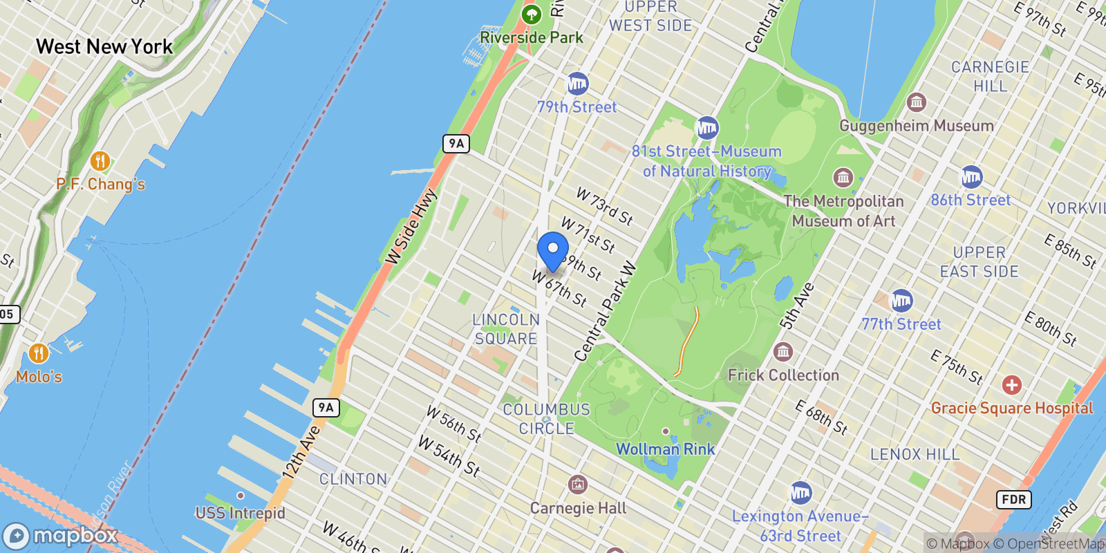 Map showing The Millennium Tower, 101 W 67TH ST, New York, New York, United States.