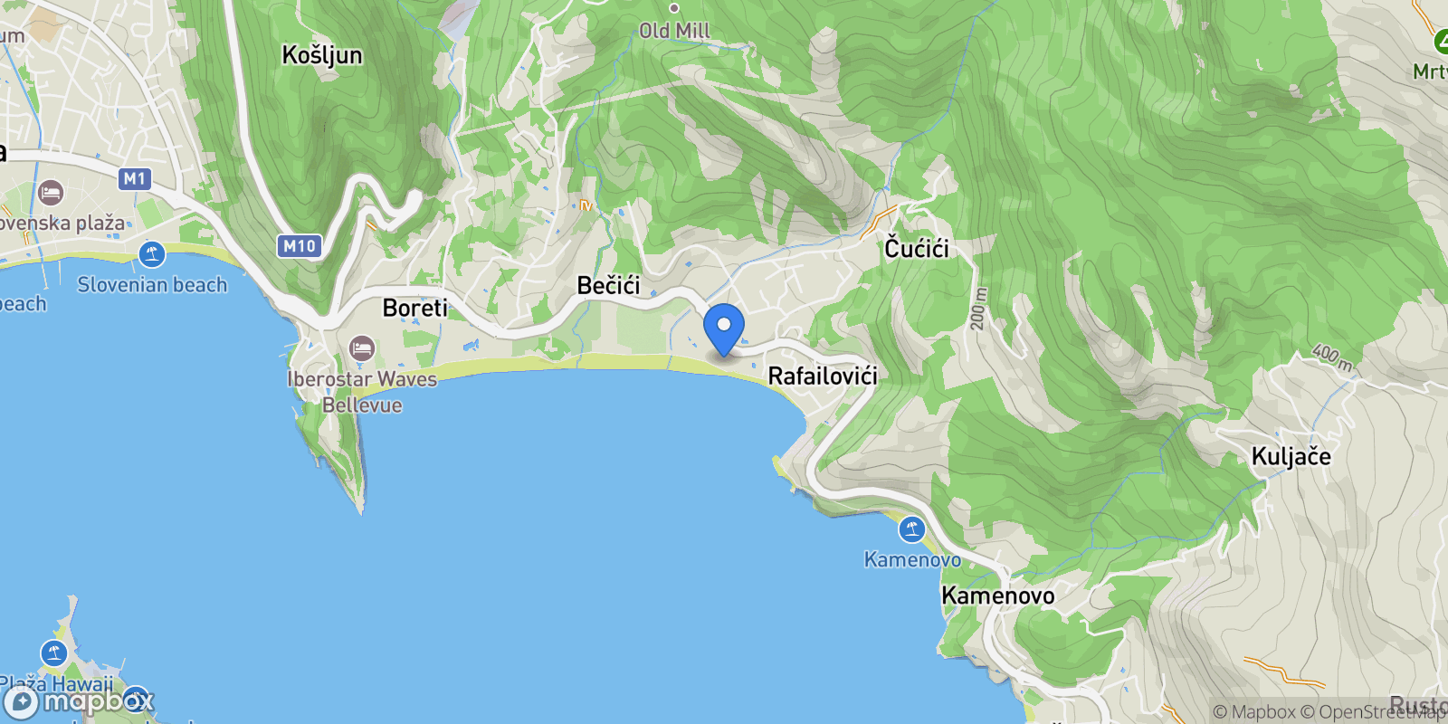 Map showing Bečići, Budva Municipality, Montenegro.