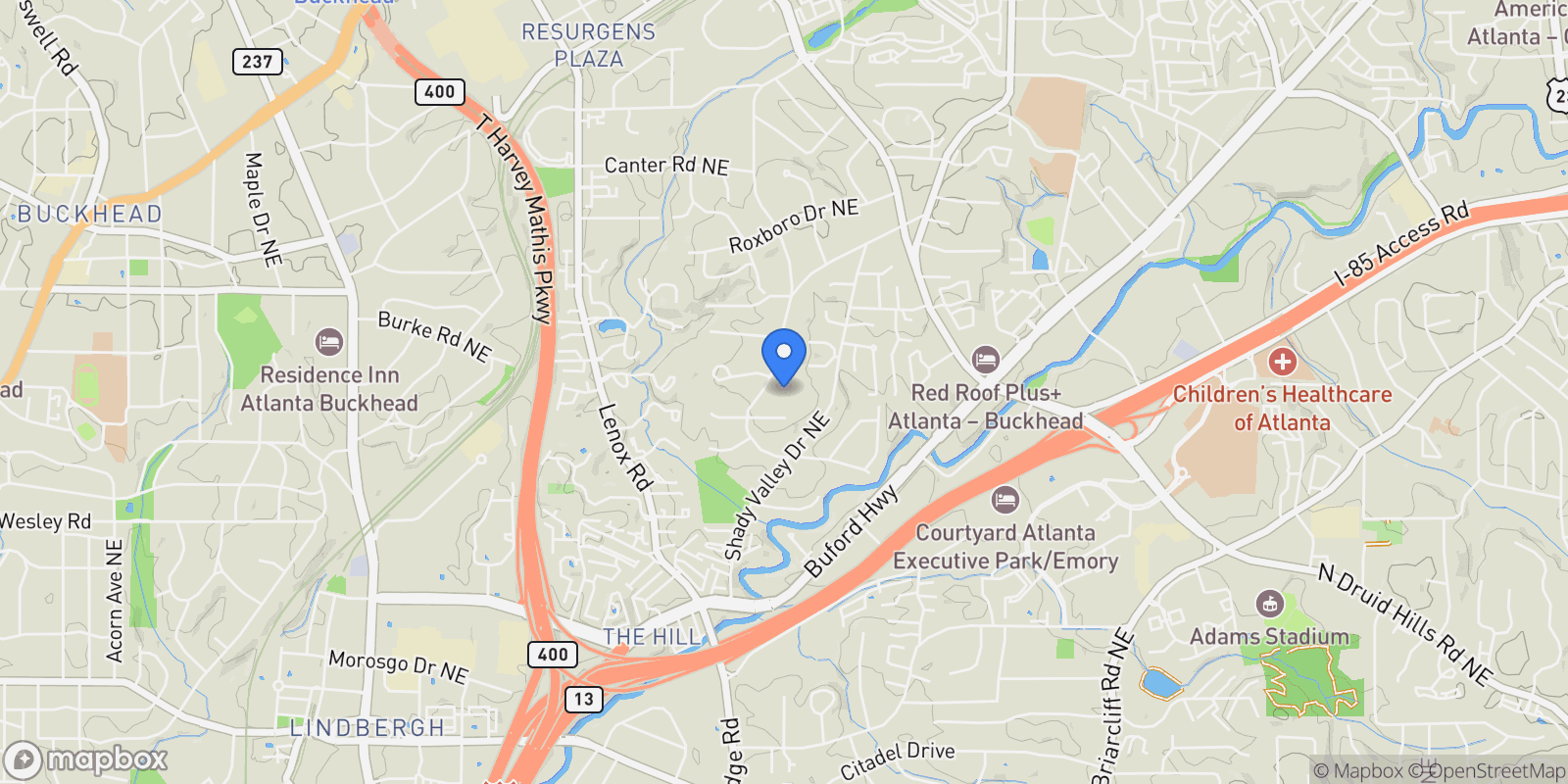 Map showing 2883 W Roxboro Road NE, Atlanta, Georgia, United States.