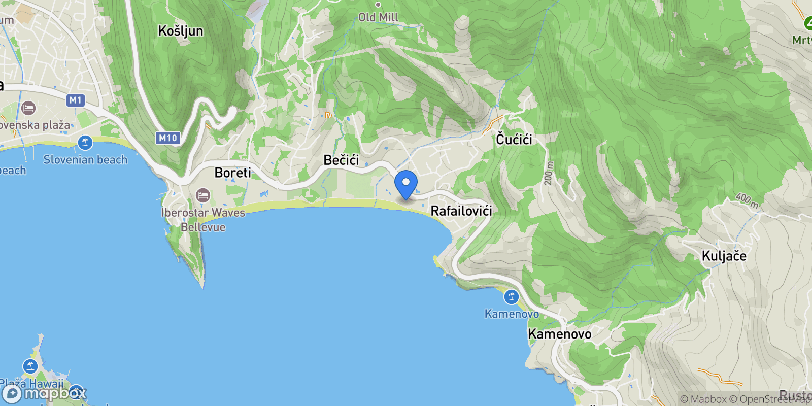 Map showing Bečići, Budva Municipality, Montenegro.