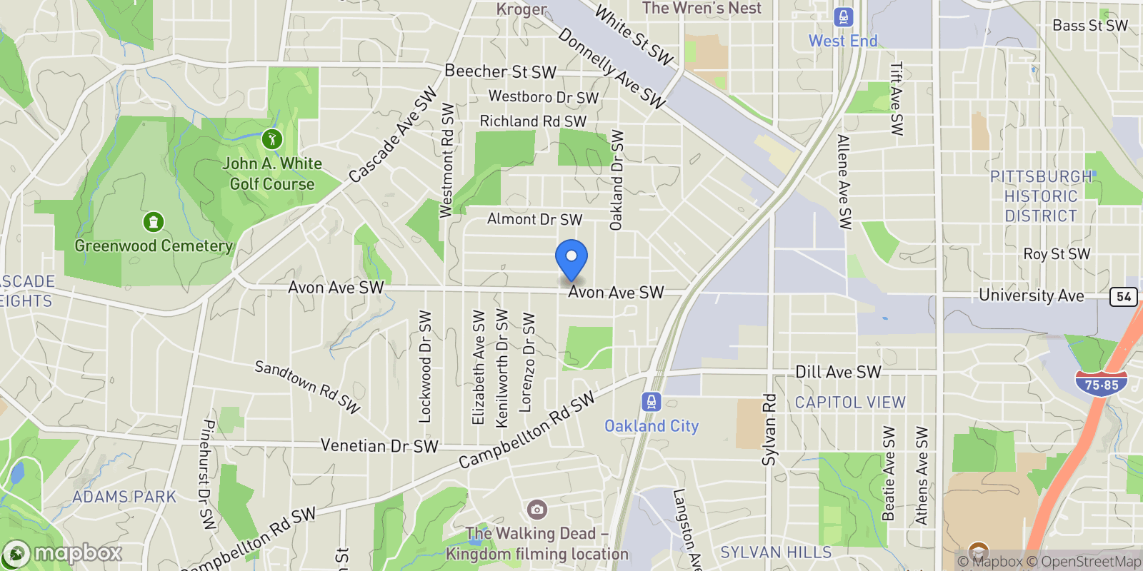 Map showing 1291 Avon Avenue SW, Atlanta, Georgia, United States.