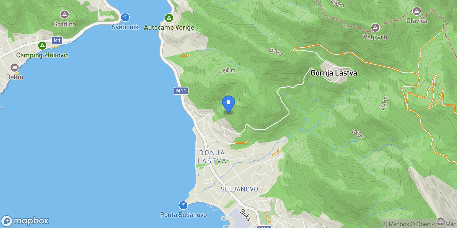 Map showing Donja Lastva, Tivat, Donja Lastva, Tivat Municipality, Montenegro.