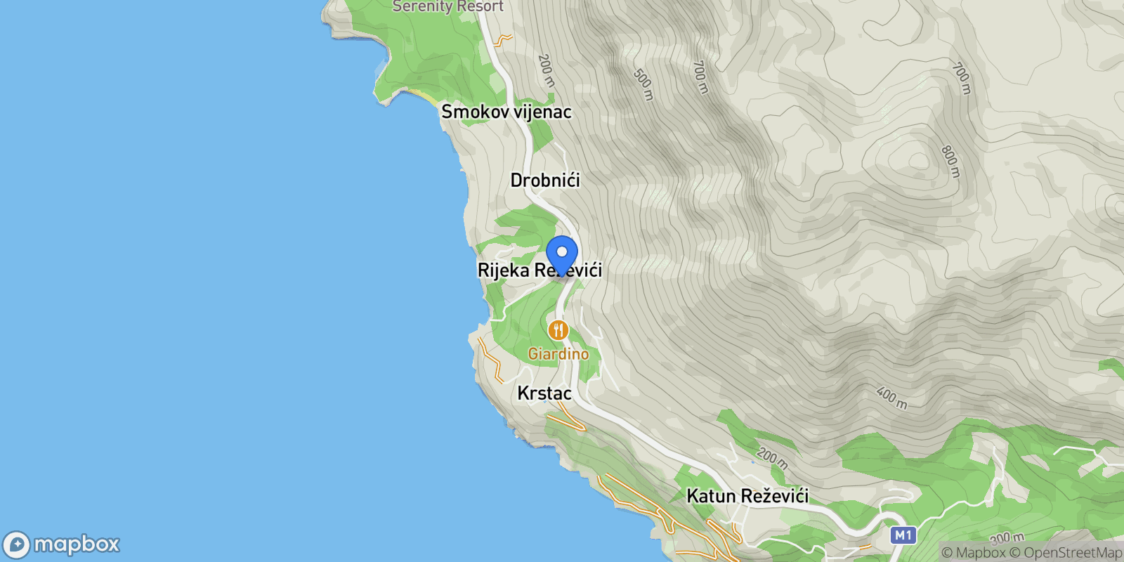 Map showing Reževići, Rijeka Reževići, Budva Municipality, Montenegro.