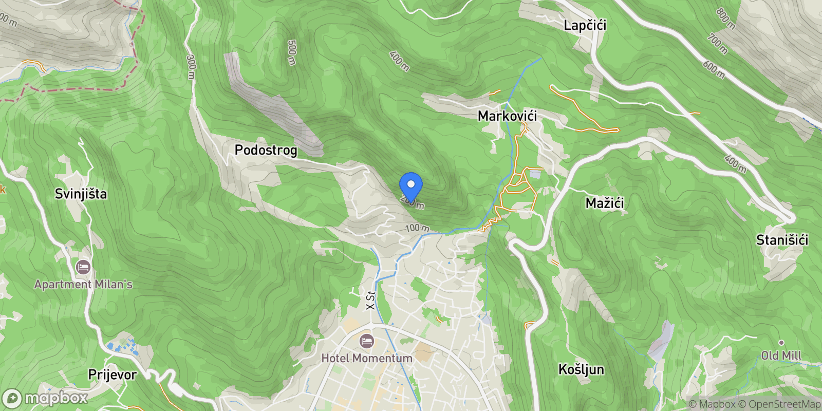 Map showing Maine, Podostrog, Budva Municipality, Montenegro.