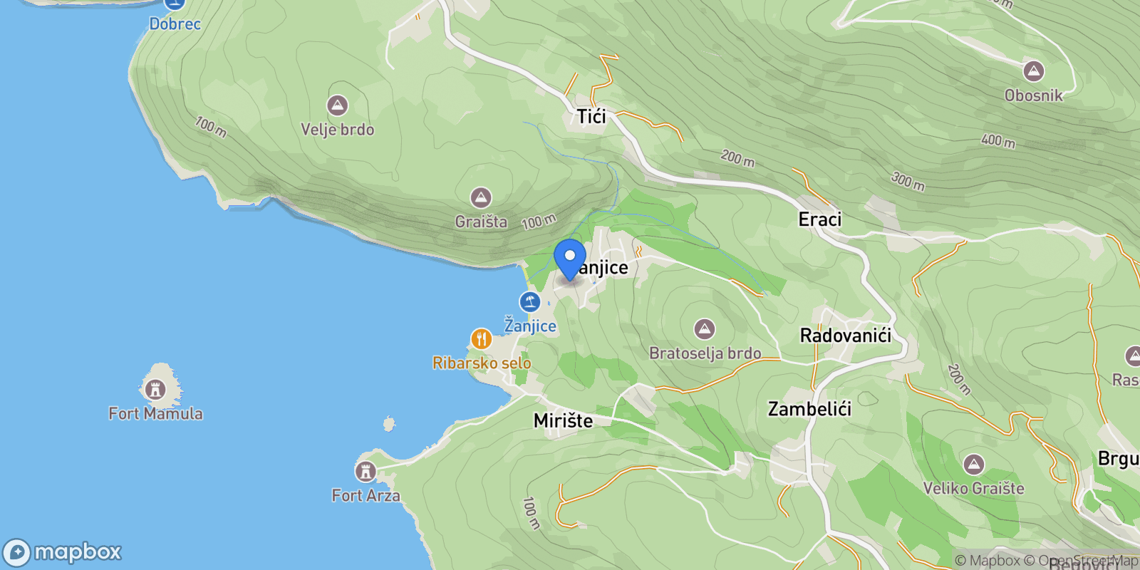 Map showing Žanjice, Mirišta, Herceg Novi Municipality, Montenegro.