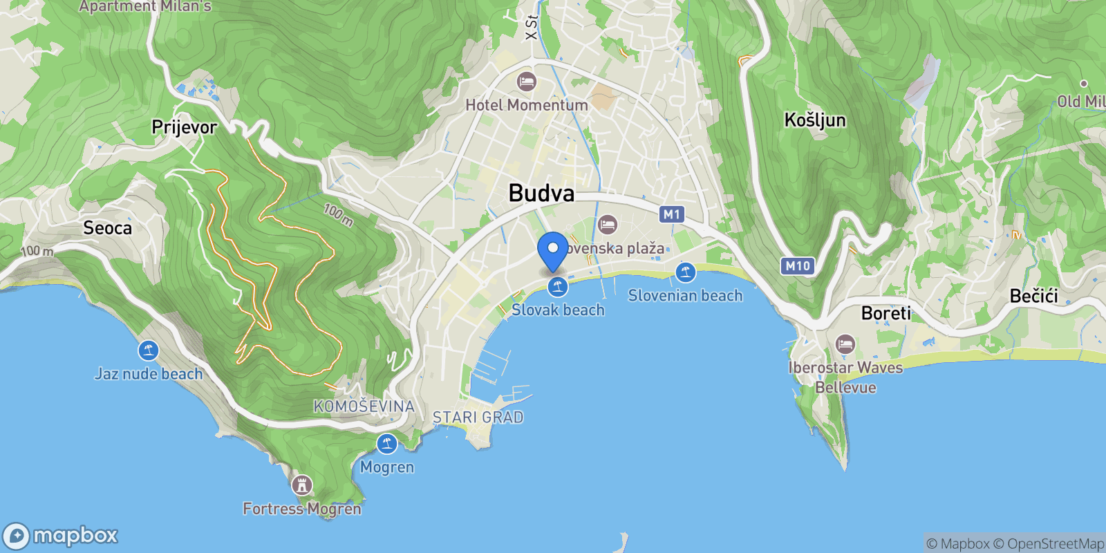 Map showing Slovenska obala bb, Budva, Budva Municipality, Montenegro.