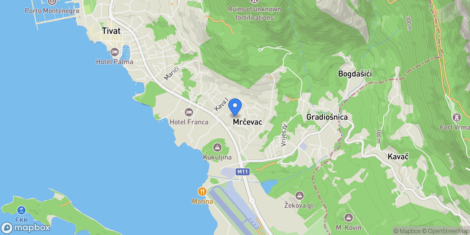 Map showing Dumidran, Mrčevac, Montenegro.