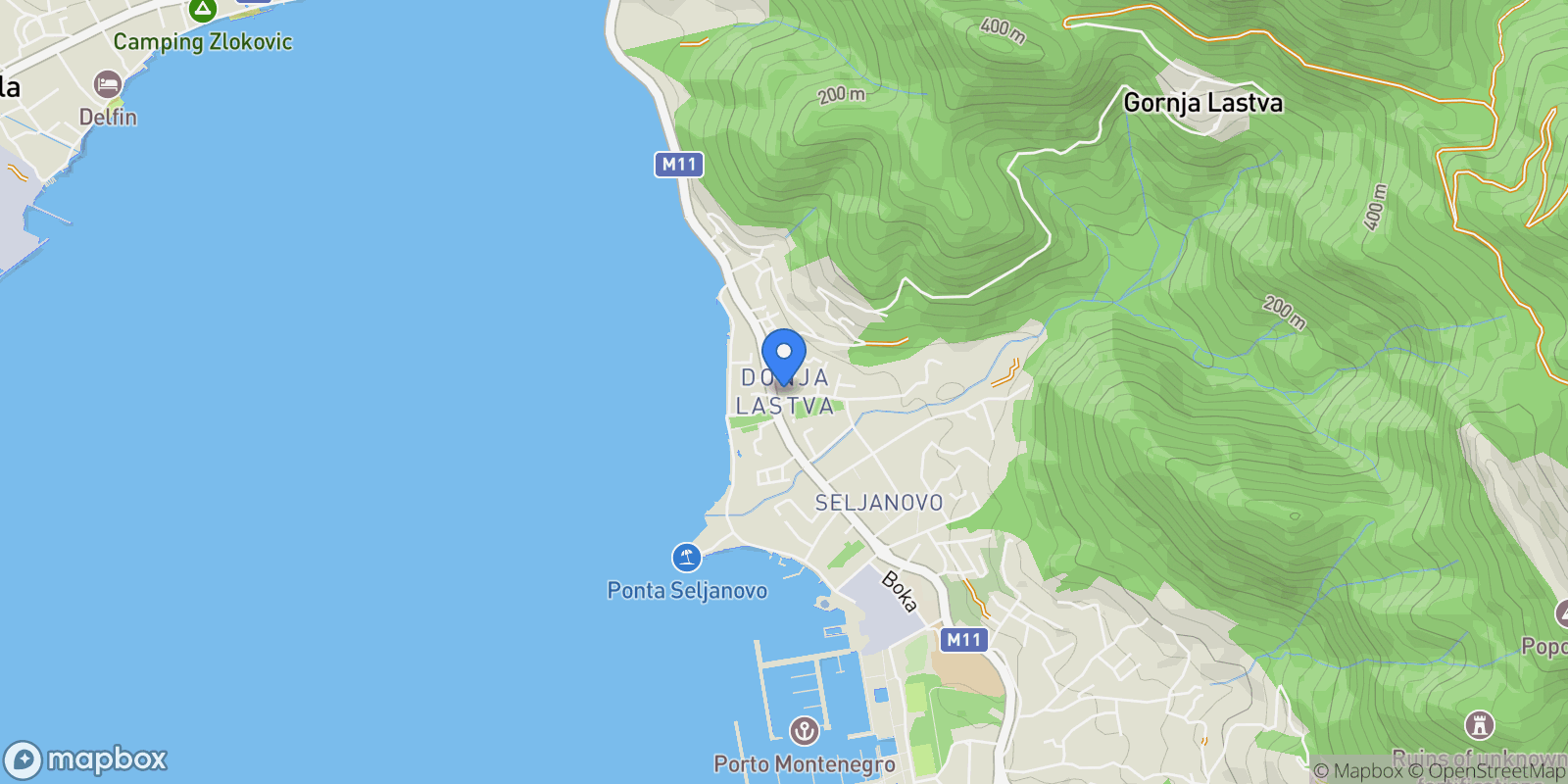 Map showing Donja Lastva, Donja Lastva, Tivat Municipality, Montenegro.