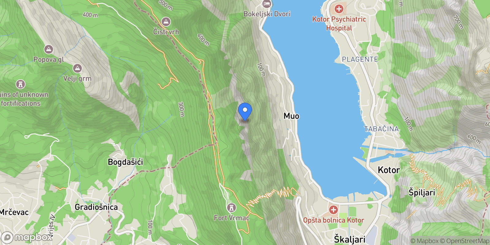 Map showing Kotor, Muo, Kotor Municipality, Montenegro.