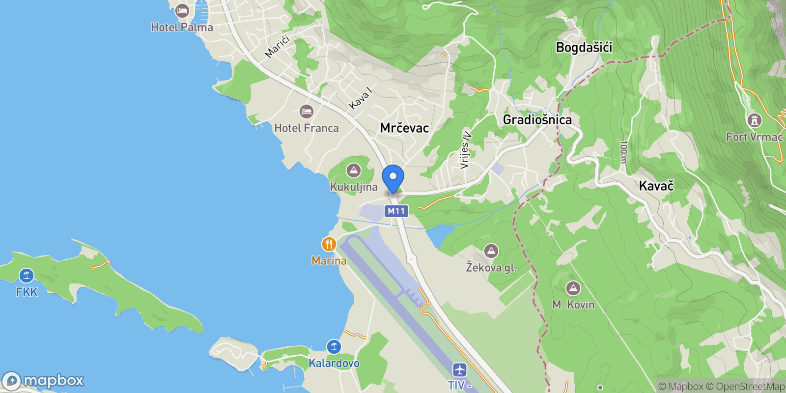 Map showing Tivat, Mrčevac, Montenegro.