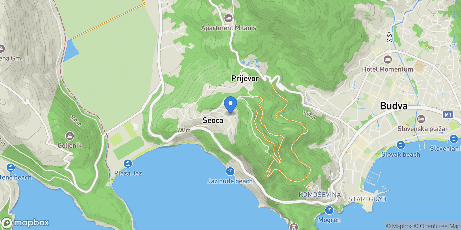 Map showing Budva, Prijevor, Budva Municipality, Montenegro.