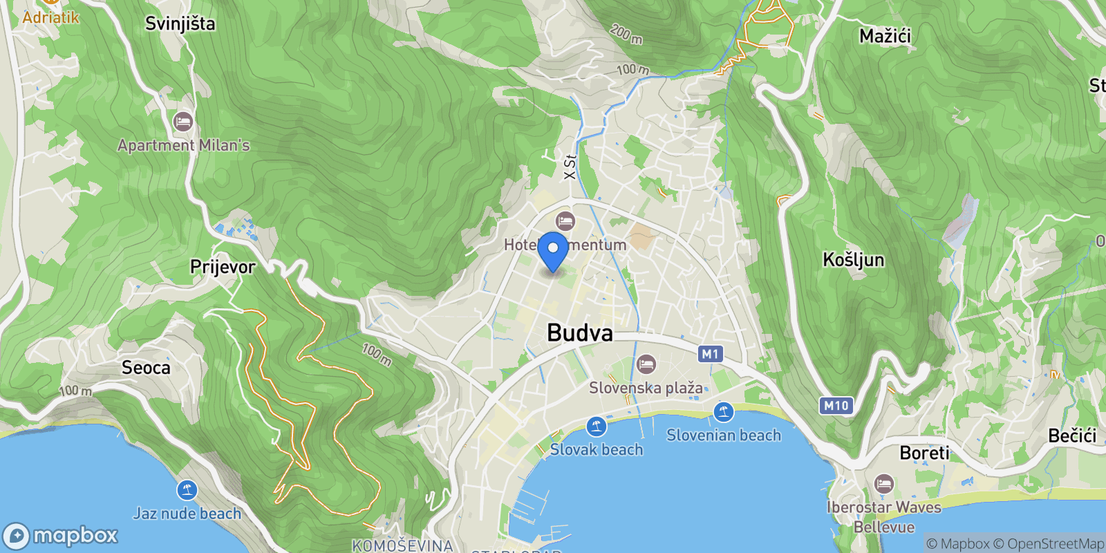 Map showing Budva, Budva, Budva Municipality, Montenegro.