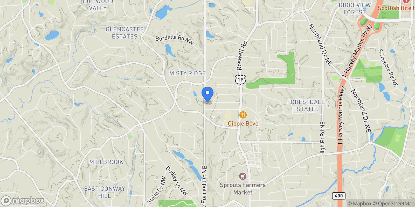 Map showing 19 Spruell Springs RD NE, Atlanta, Georgia, United States.