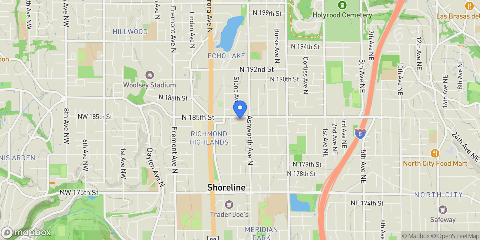 Map showing 1323 N 185th St Unit #A , Shoreline, WA 98133, Seattle, Washington, United States.