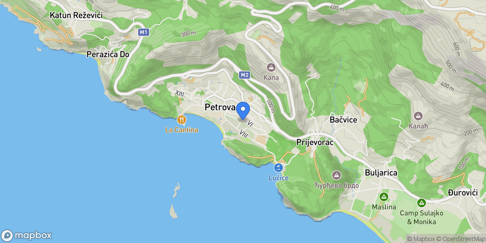 Map showing Budva, Petrovac, Budva Municipality, Montenegro.