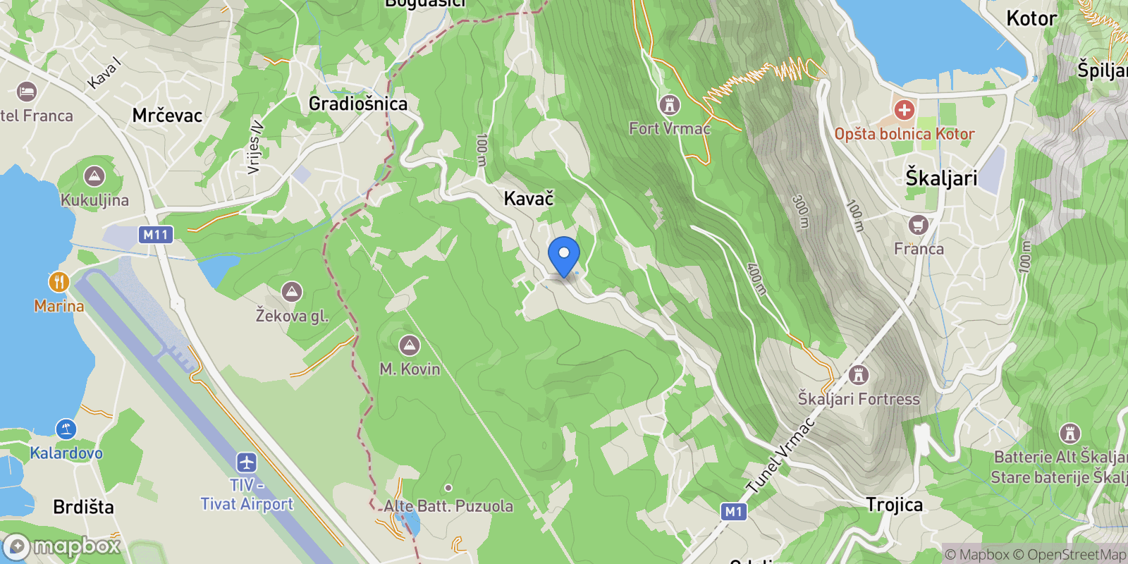Map showing Kotor, Kavač, Kotor Municipality, Montenegro.