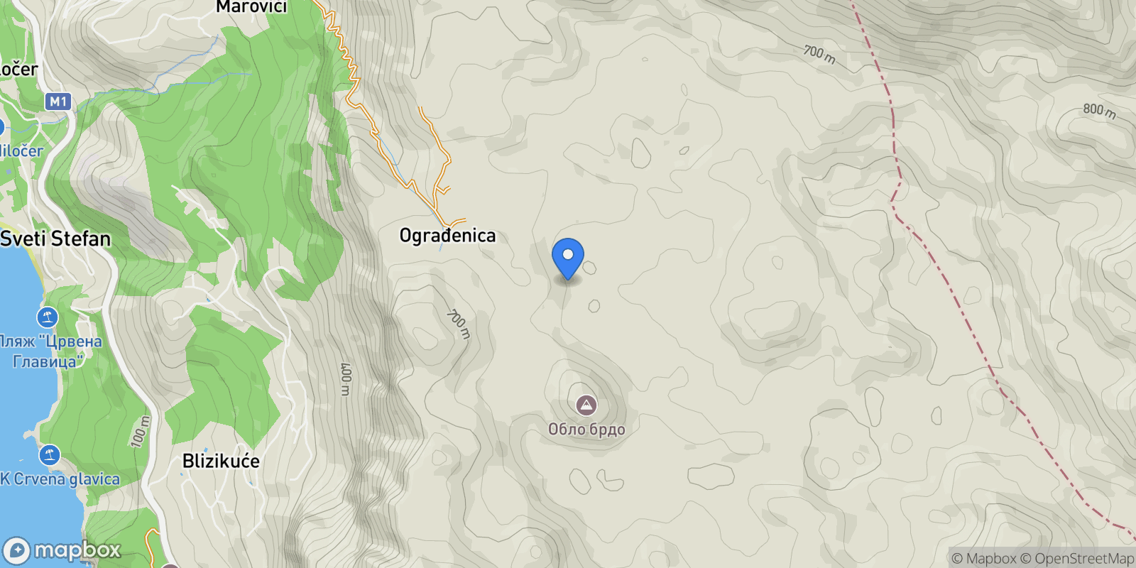 Map showing Budva, Blizikuće, Budva Municipality, Montenegro.