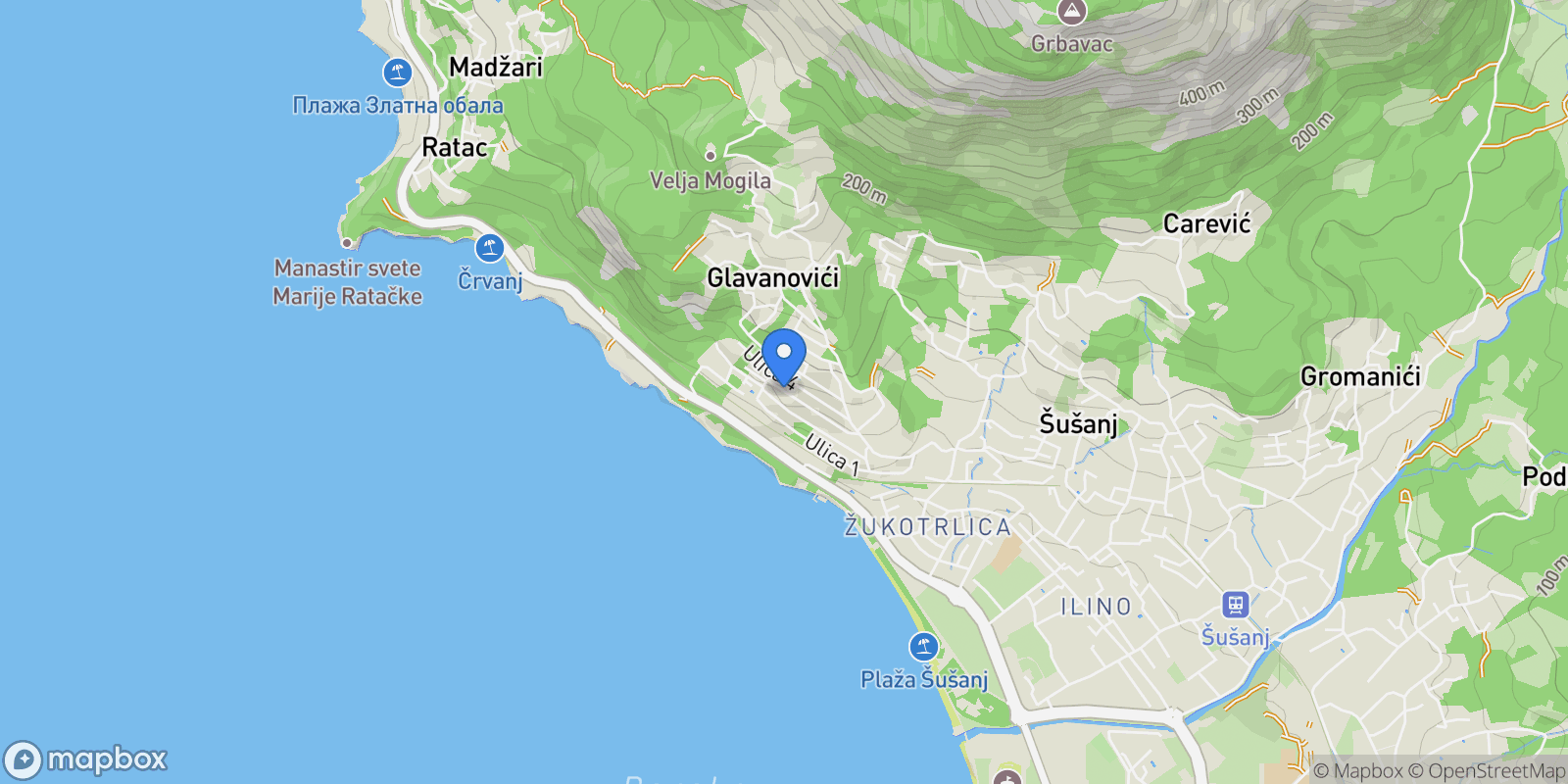 Map showing Bar, Šušanj, Bar Municipality, Montenegro.