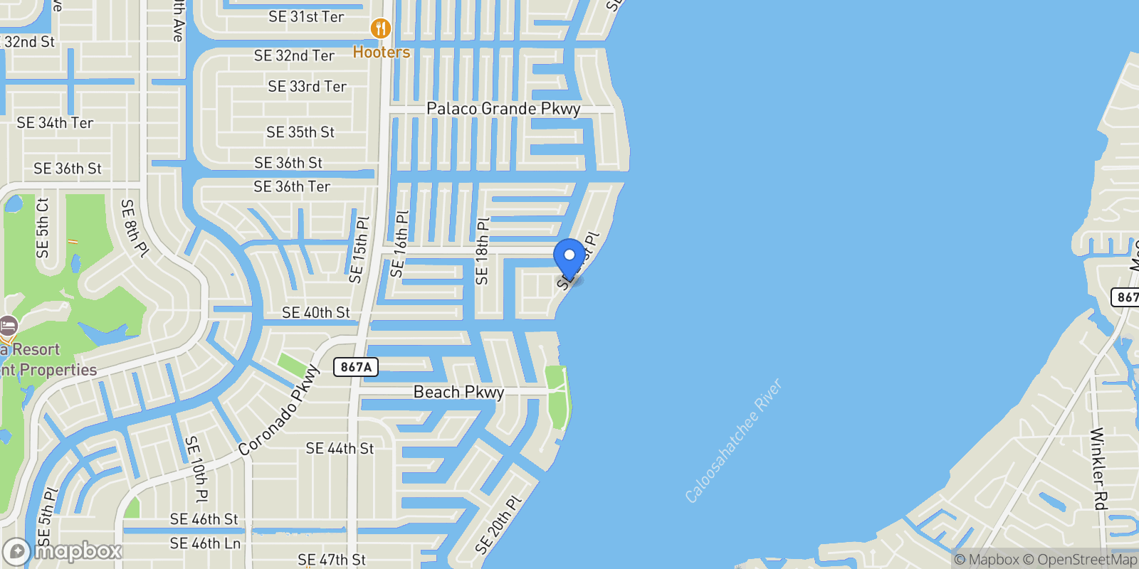 Map showing 3907 SE 21st PL, Cape Coral, FL, 33904, USA, Cape Coral, Florida, United States.