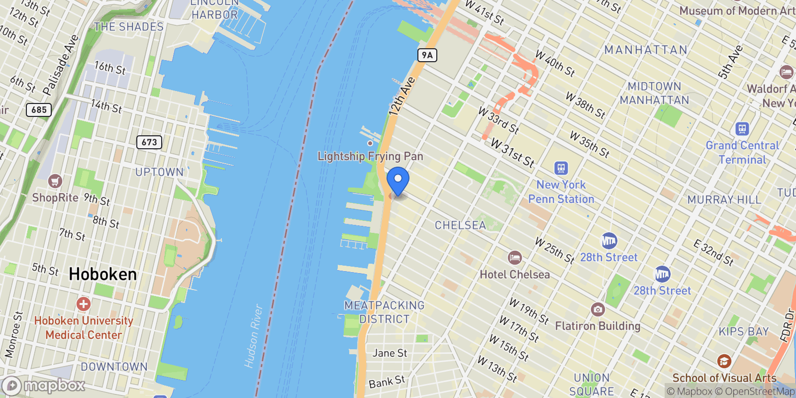 Map showing The Cortland, 555 W 22ND ST, New York, New York, United States.