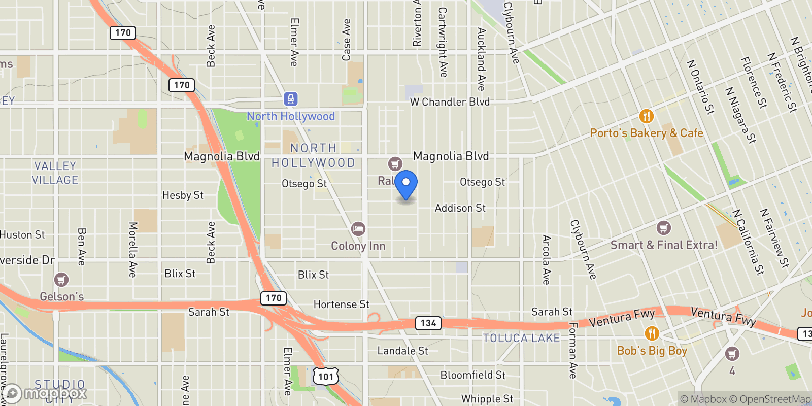 Map showing 10828 Hesby Street, Los Angeles, California, United States.