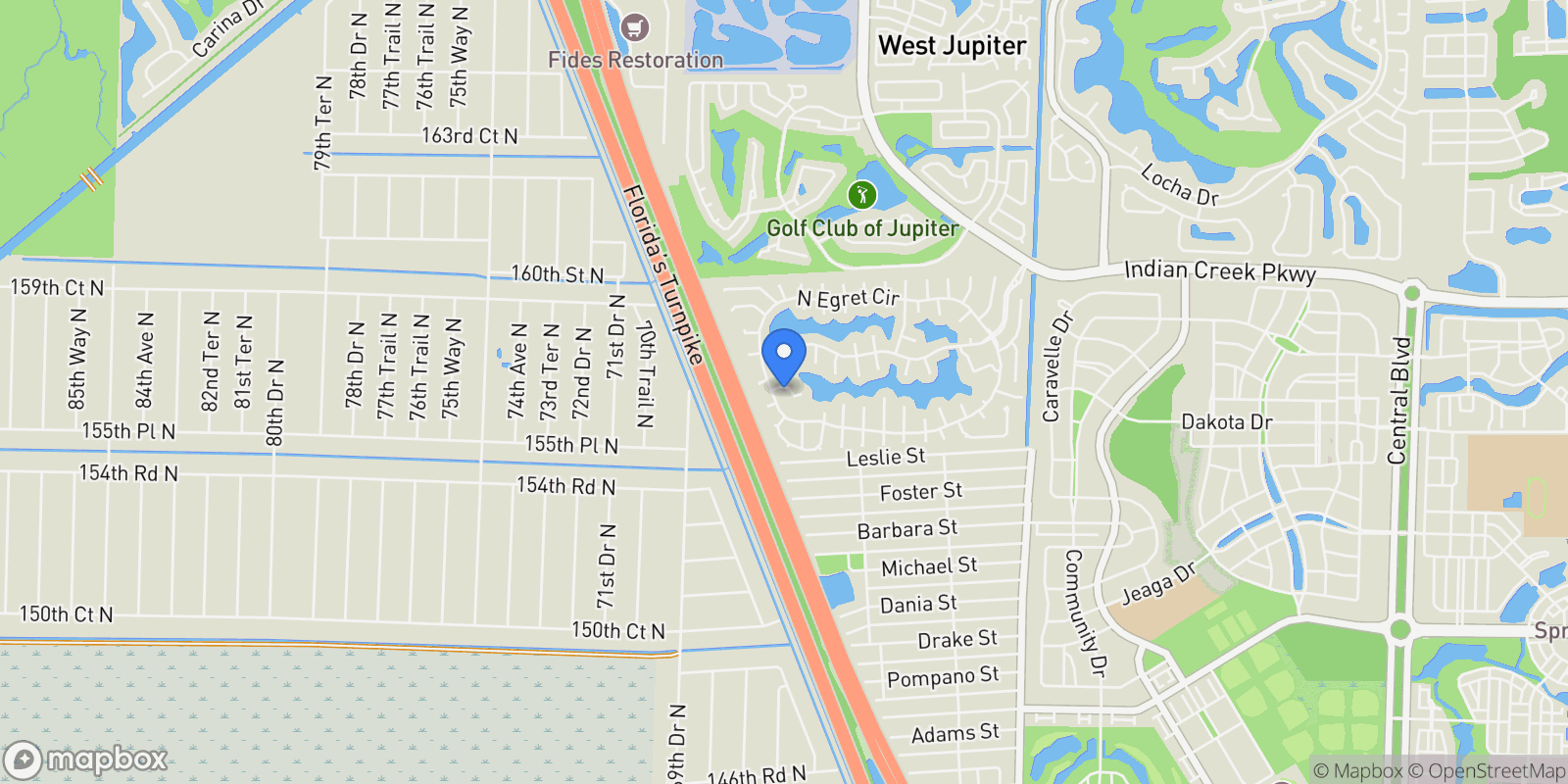 Map showing 412 Meadowlark Drive, Jupiter, Florida, United States.