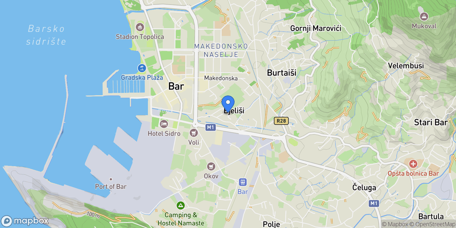 Map showing Bar, Bjeliši, Bar Municipality, Montenegro.