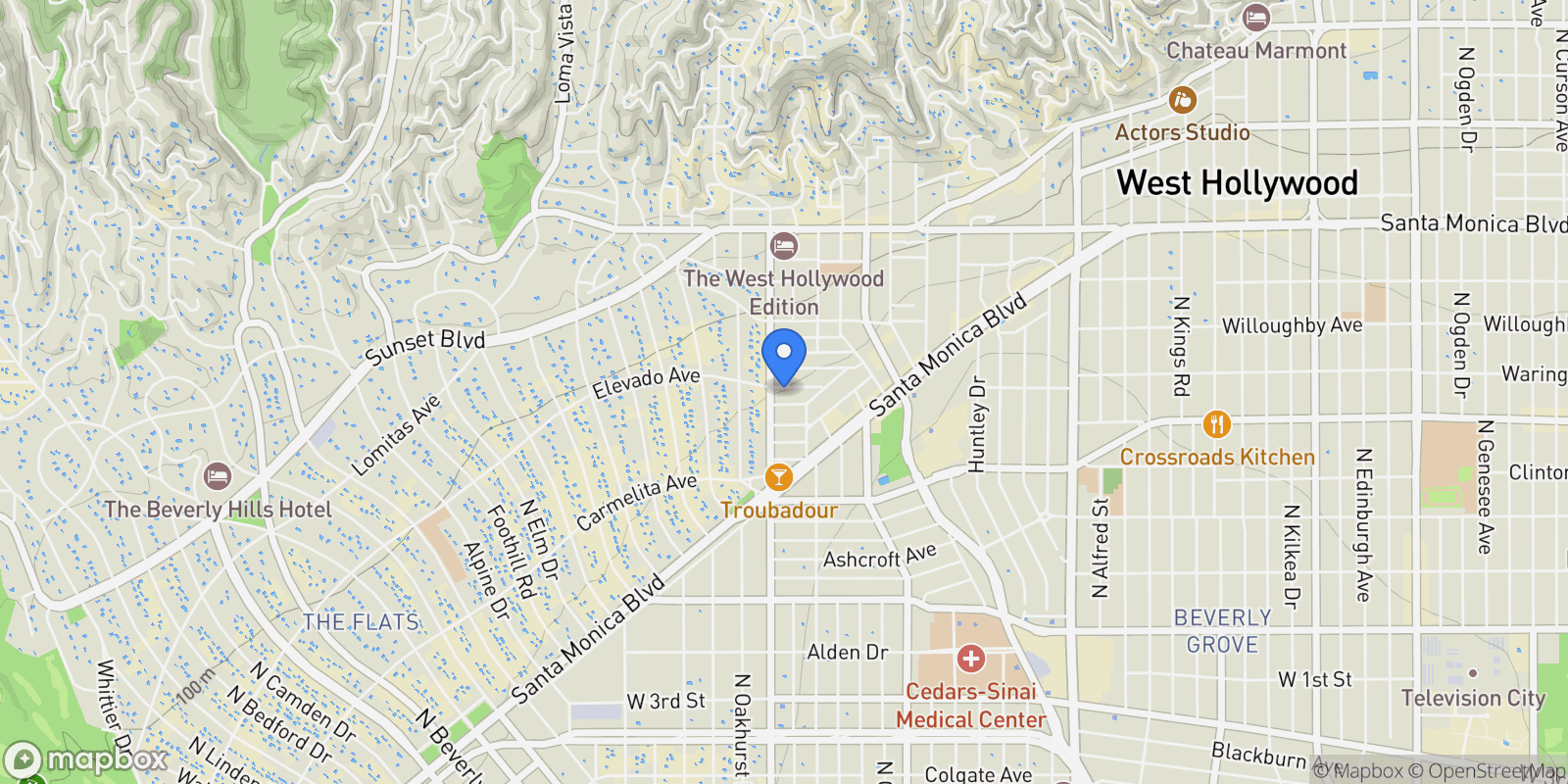 Map showing 9044 Elevado St, Los Angeles, California, United States.