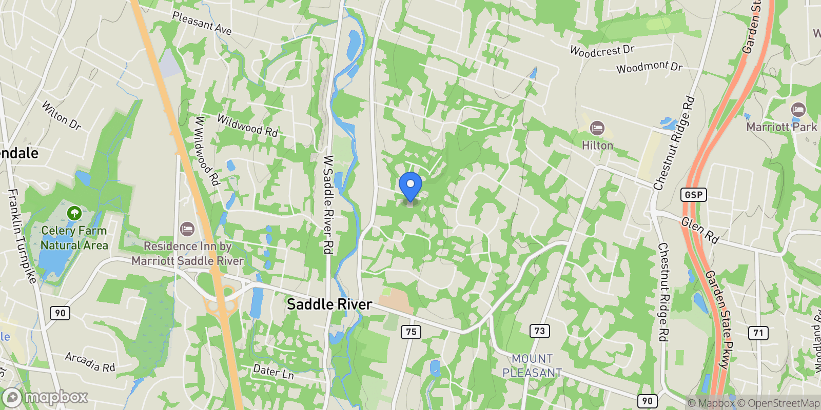 Map showing 14 Sawmill Rd, Saddle River, NJ 07458, Saddle River, New Jersey, United States.