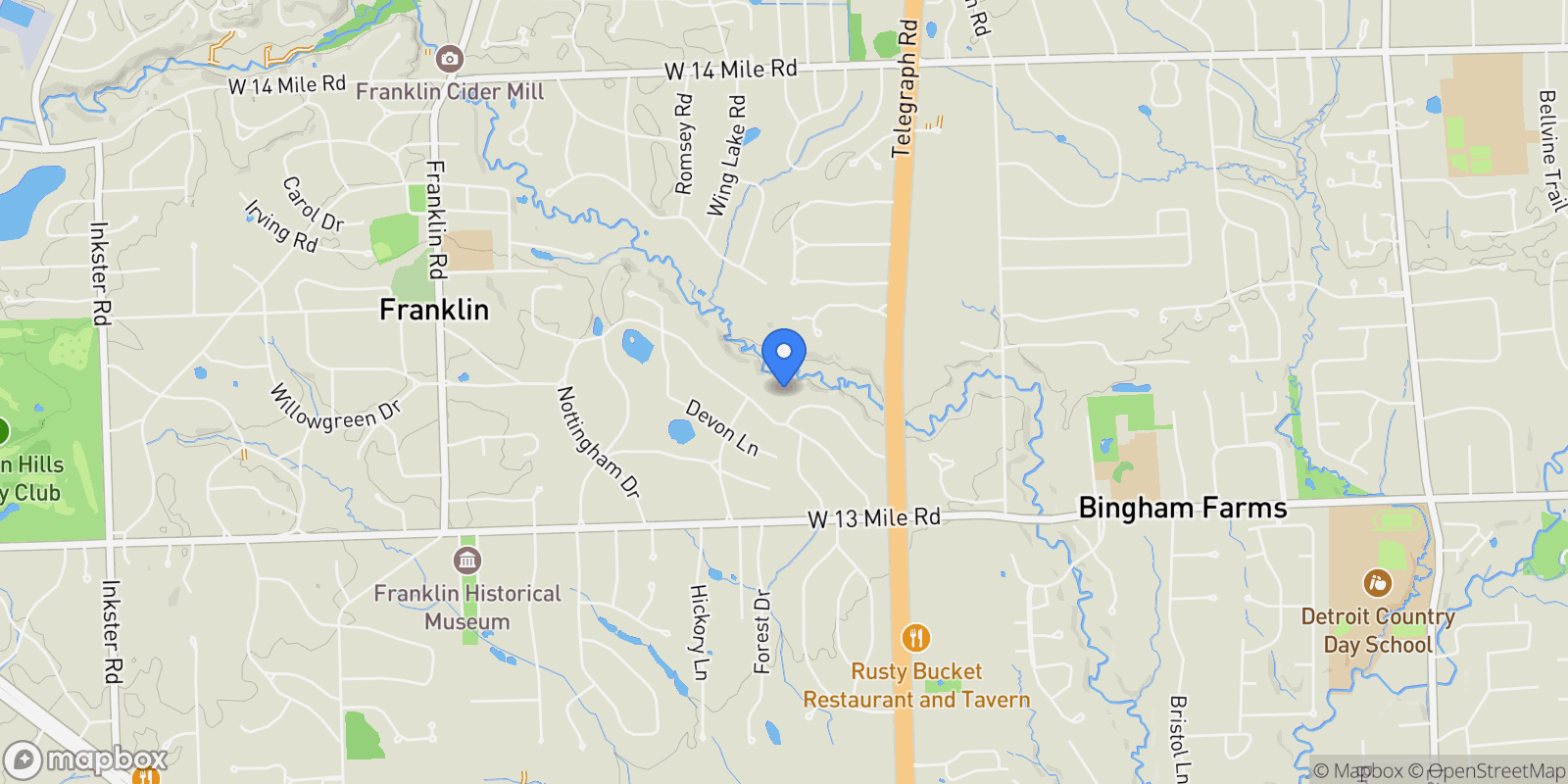 Map showing 24924 Riverwood Drive, Franklin Village, MI 48025, Beverly Hills, Michigan, United States.