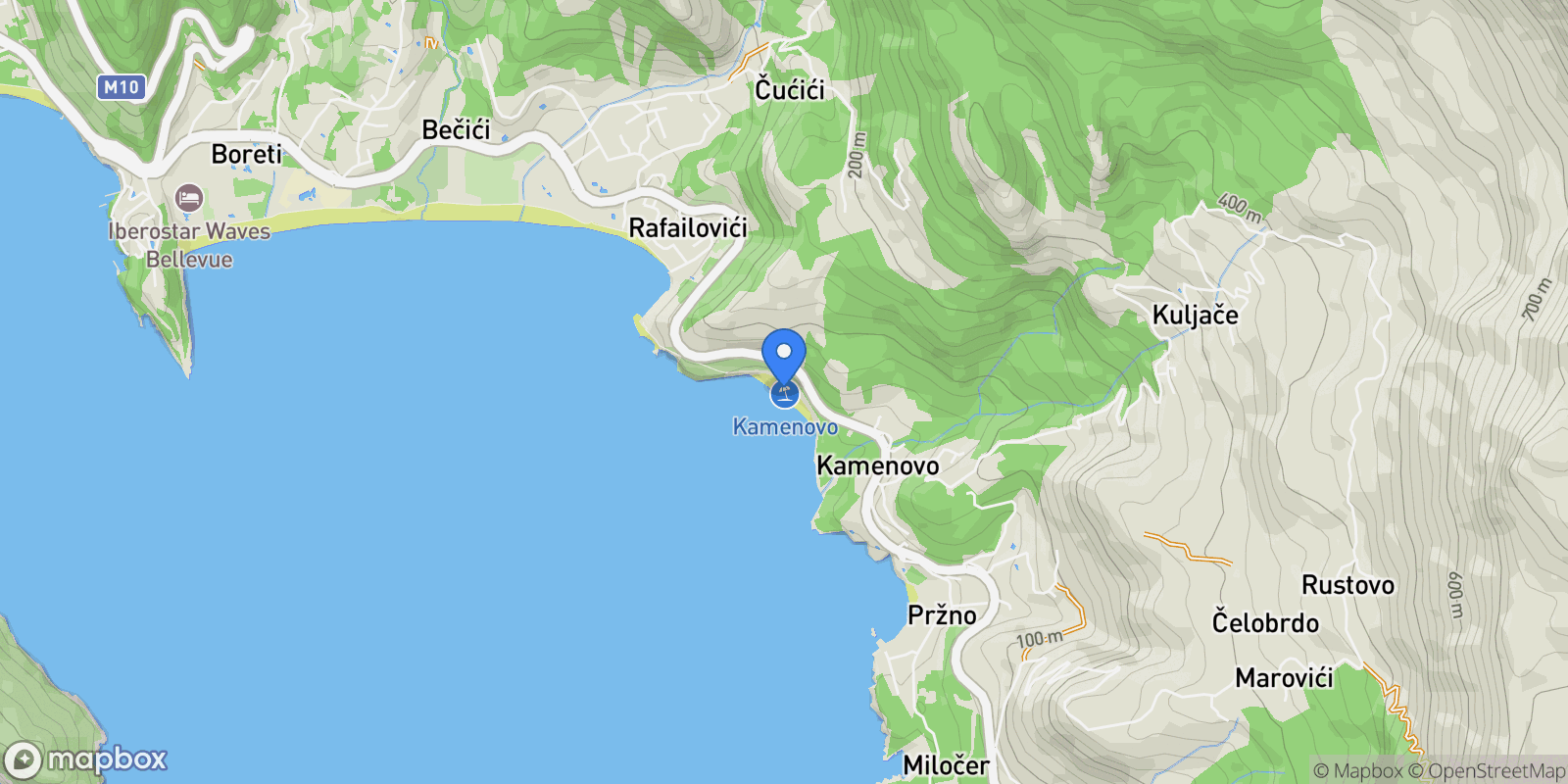 Map showing Budva, Kamenovo beach, Budva Municipality, Montenegro.
