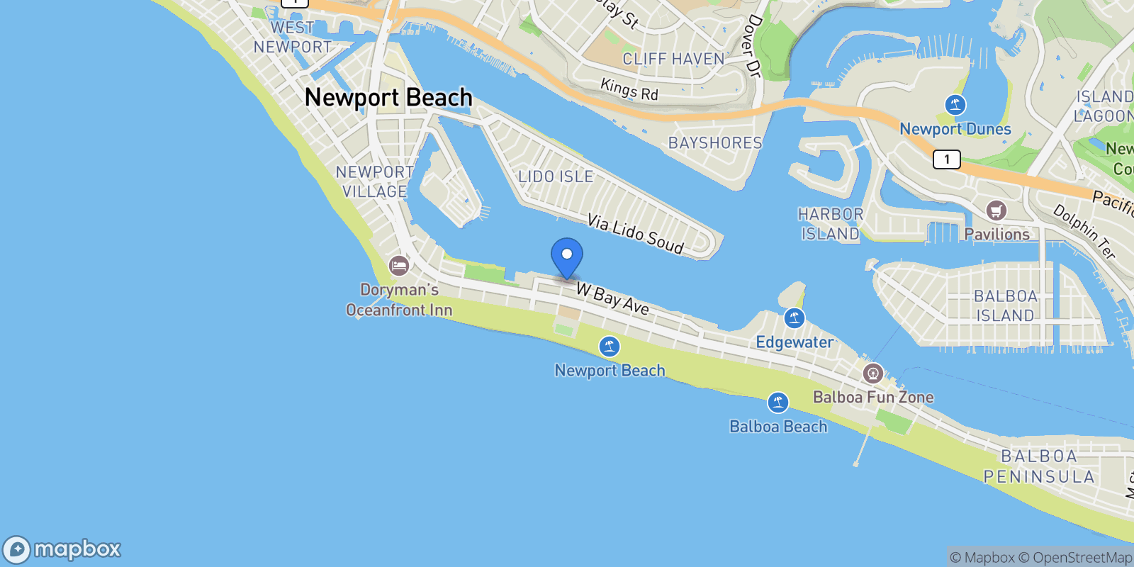 Map showing 1344 W Bay Avenue, Newport Beach, California, United States.